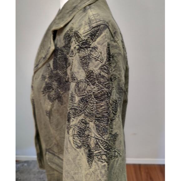 Coldwater Creek Olive Green Embroidered Denim Two Button Jacket Size 10 Pockets - Picture 5 of 10